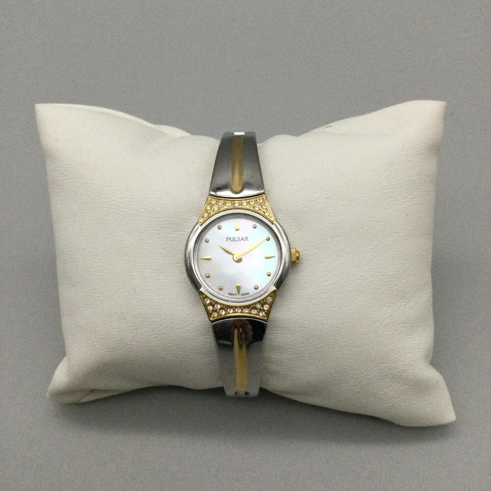 Pulsar Womens Watch 20mm MOP Dial Two Tone Crystals VX50-X252 Bracelet 5.75